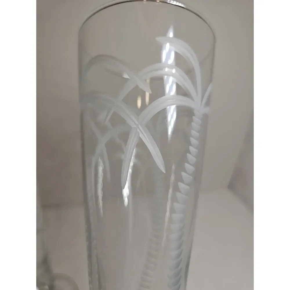 Lot of‎ 2 Rolf Palm Tree Etched Pilsners Tall Crystal Glasses Tropical Clear Set